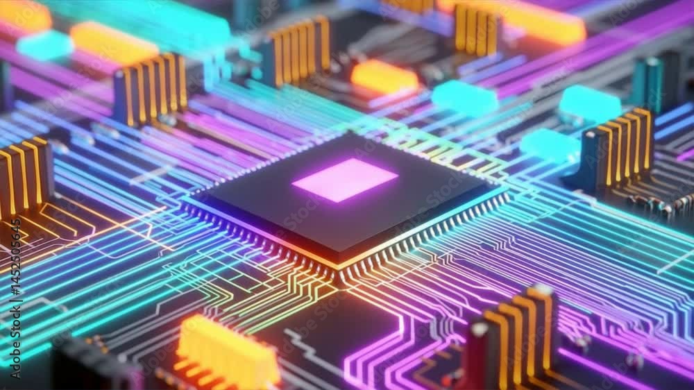 Poster close-up view of a vibrant microchip showcasing intricate circuitry and colorful lights, representin