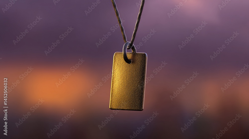 Poster gold rectangular tag hangs from wire, set against blurred sunset backdrop. showcase for text or logo