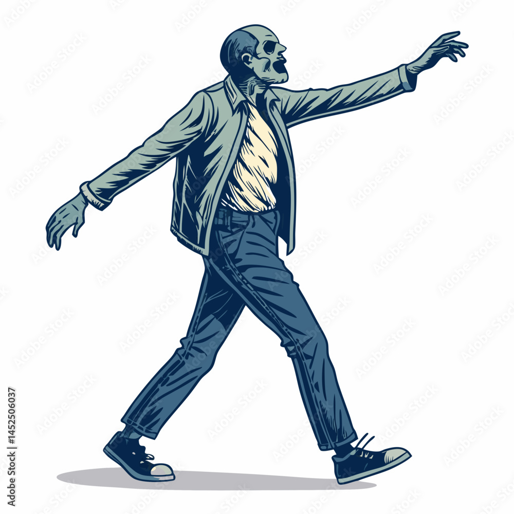 Poster create a bold vector illustration of a decaying zombie walking with a pronounced limp, showcasing de