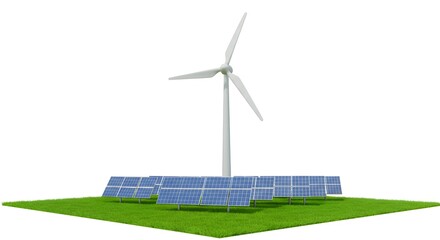 Wind Turbine and Solar Panel on Green Field