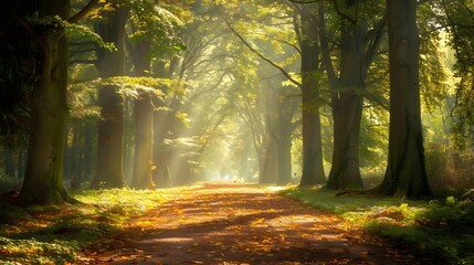 Fototapeta premium Autumnal Forest Path: Sunlit Trees, Golden Leaves, Misty Trail, Tranquil Nature Walk, Magical Woodland Scenery, Breathtaking Fall Foliage, Picturesque Pathway, Enchanting Forest, Peaceful Escape