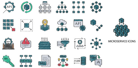 Microservice simple concept 24 hand drawn color icons set. Contains such cyberspace, server, design, architecture .Vector illustration.