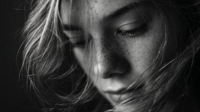 Close up black and white portrait of a young woman with freckles looking down softly in a dark setting