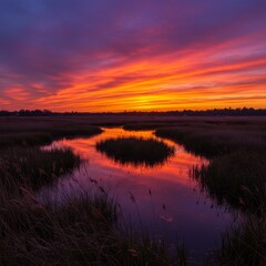Vibrant Sunset over Calm Wetland Reflection