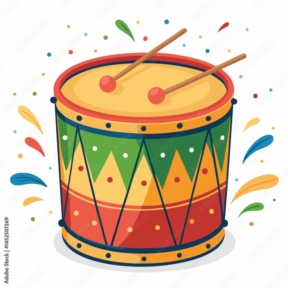 Poster create a vibrant vector illustration of a bold-stroke samba drum, featuring rio carnival colors. des