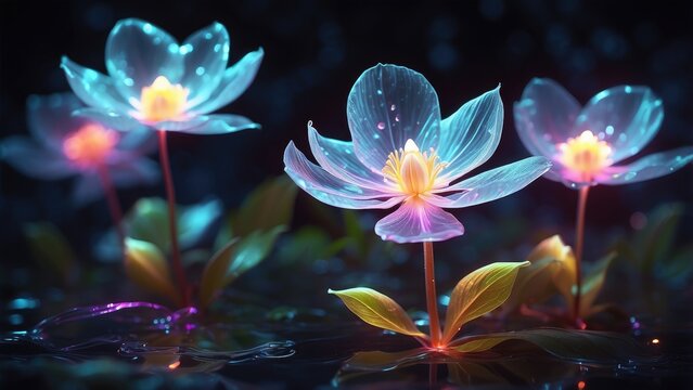"Vibrant Neon Flowers Illuminated by Ultraviolet Light"