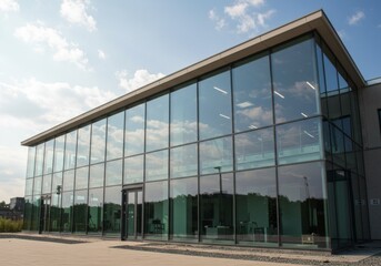 Fototapeta premium Modern Glass Office Building Exterior on Sunny Day
