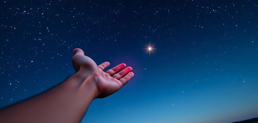 A lone hand stretches towards a distant, twinkling star, grasping, cosmos