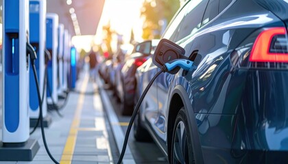 Electric Vehicle Charging Station: A sleek electric car is plugged into a charging station, symbolizing sustainable transportation and the future of driving.