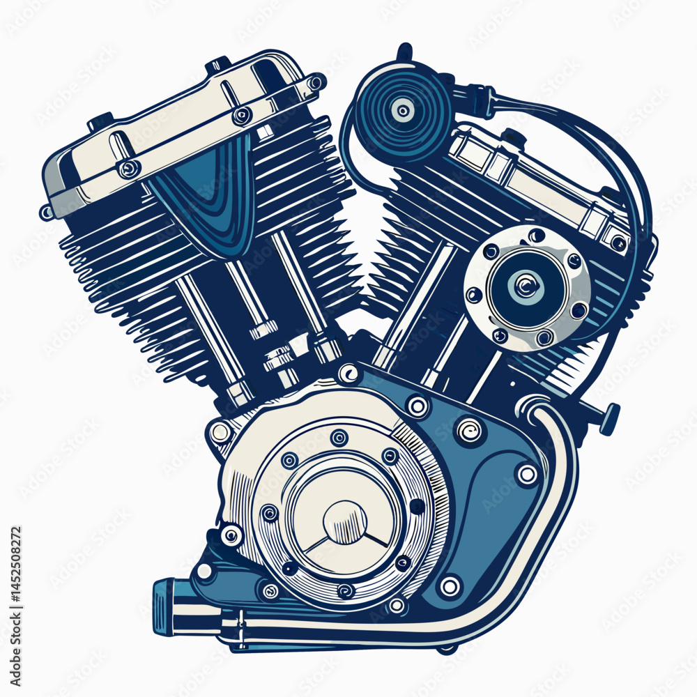 Poster create a bold vector illustration of an exploded view of a motorcycle engine, showcasing internal co