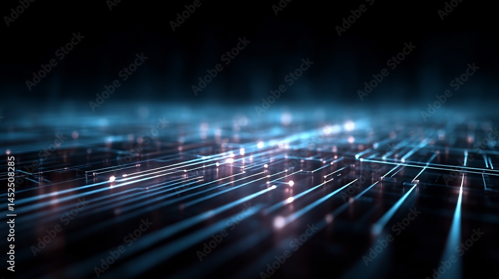 Poster abstract digital network with glowing lines and node connections in low light
