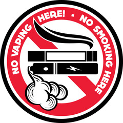 No smoking no vaping sign. Forbidden sign, in this area sign icon isolated on white background vector red label illustration. Cigarette, vape and smoke and in prohibition circle.