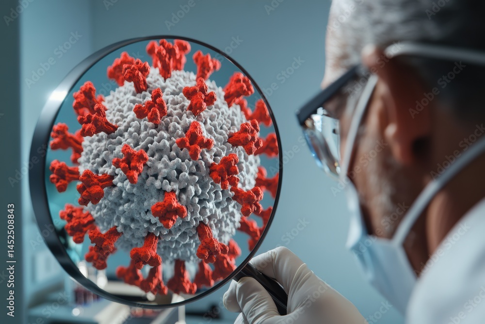 Poster scientist studying detailed virus structure through a magnifying glass in a laboratory setting