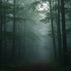 Fototapeta premium Dark Green Forest Path Shrouded in Fog