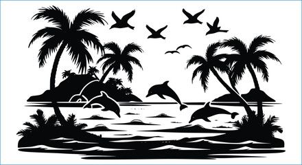 Silhouette Of Tropical Island Landscape With Dolphins And Birds Vector Illustration Design