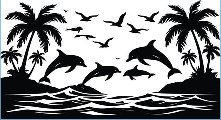 Tropical Island Black And White Silhouette Featuring Dolphins Palm Trees And Seagulls Vector