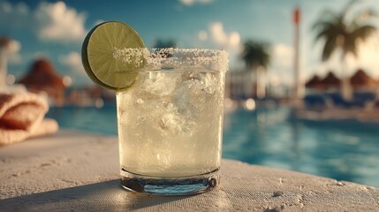 Refreshing cocktail poolside sunny day Refreshing cocktail by the poolside with lime garnish.