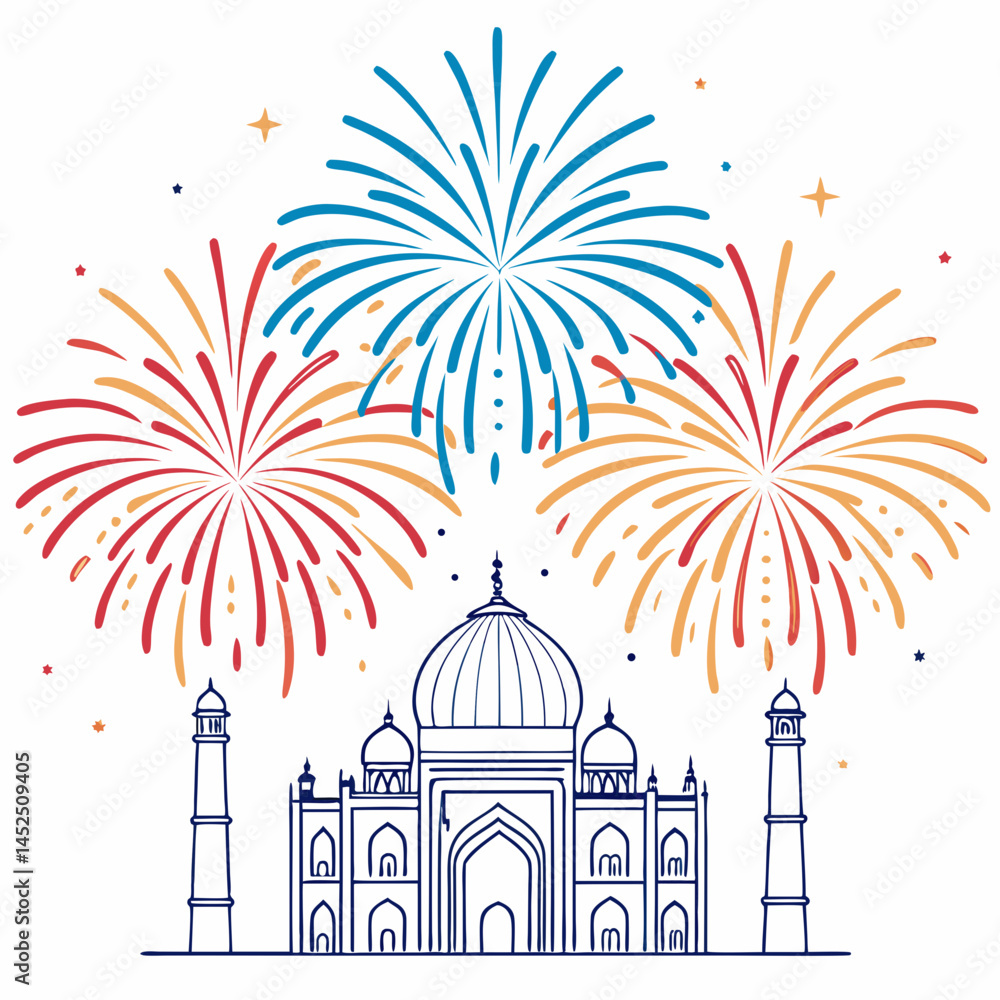 Poster create a bold vector illustration of fireworks exploding over a detailed temple silhouette, emphasiz
