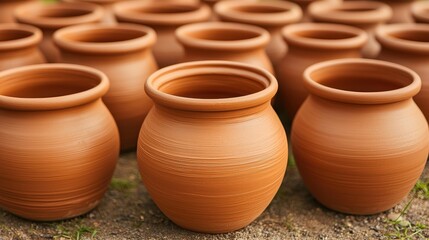 Rustic Clay Pots Arranged in Neat Rows Under Natural Light