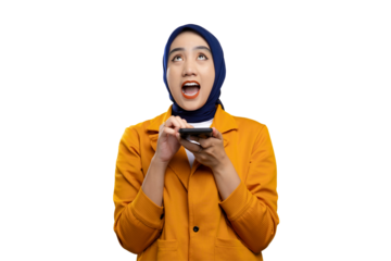 Excited young Asian woman pressing her finger on smartphone and looking up with surprised expression isolated on transparent background