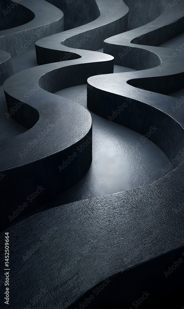 Poster abstract undulating path resembling an infinite river current with shadowy deep gray tones