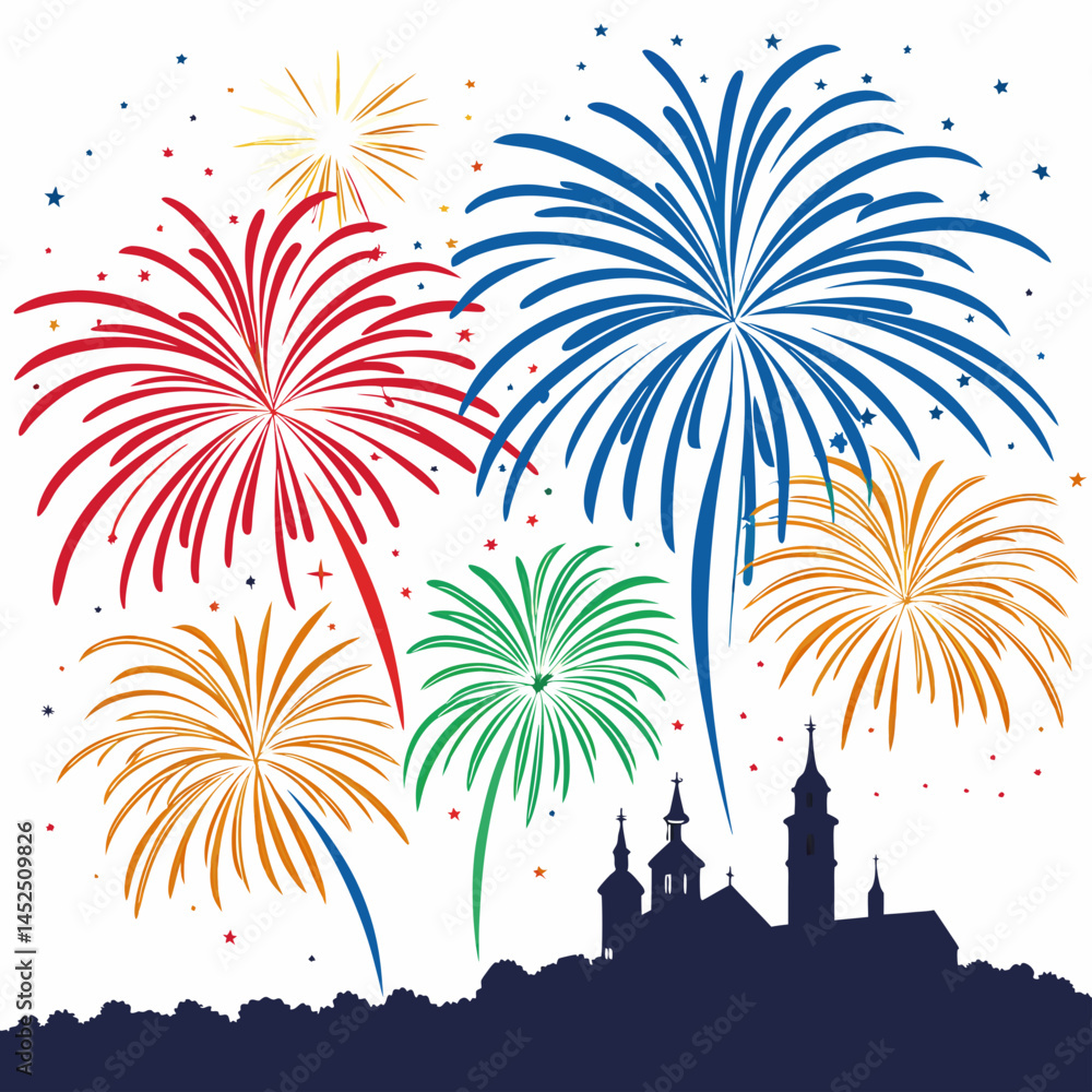 Poster create a vibrant vector illustration of bold-stroked fireworks exploding in a night sky. show dynami