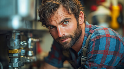 Male plumber focused on work with tools in a workshop setting  