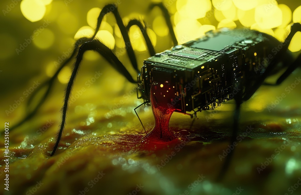 Aufkleber futuristic robotic insect with glowing lights and circuit design feeding on a vibrant surface, blend