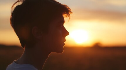 Sunset reflection of a young person outdoor field photograph tranquil environment side view