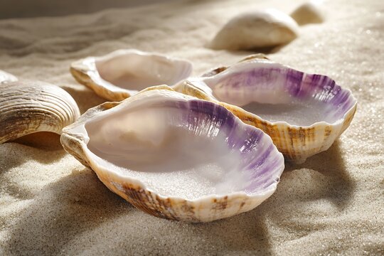 Several beautiful seashells display their iridescent purple hues atop warm, glistening sand in a sunlit scene