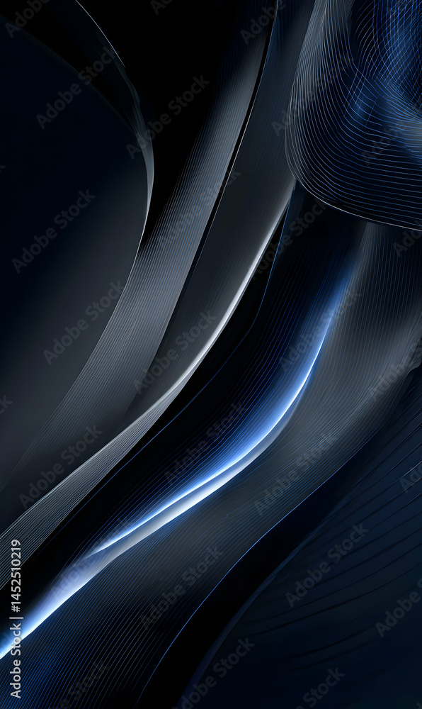 Poster abstract flowing lines in dark blue tones creating a sense of motion and depth within the space