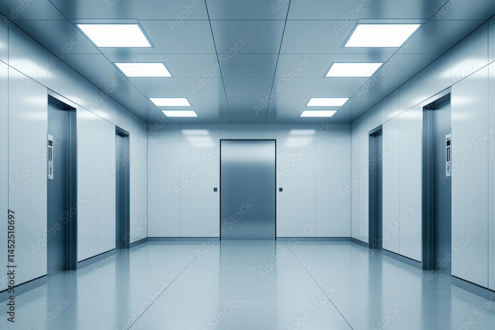 Poster using electronic card key for access in a minimalist elevator corridor during daytime