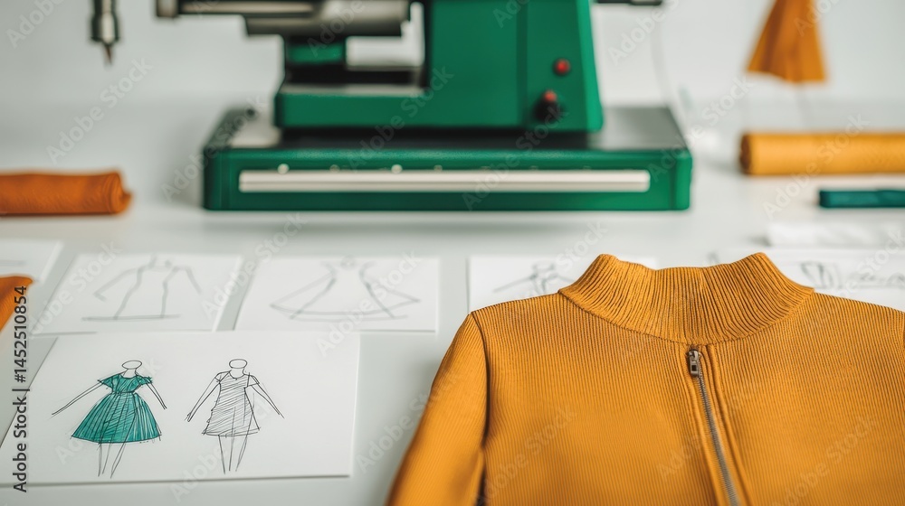 Aufkleber sewing machine and pattern design in tailoring studio setting