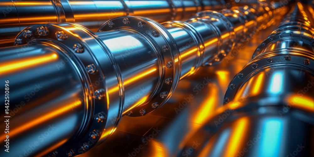 Poster metallic pipes illuminated by soft orange glow in a narrow abstract composition creating a photoreal