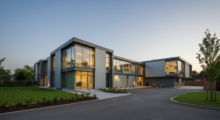 Obraz premium Modern Office Building Exterior at Dusk