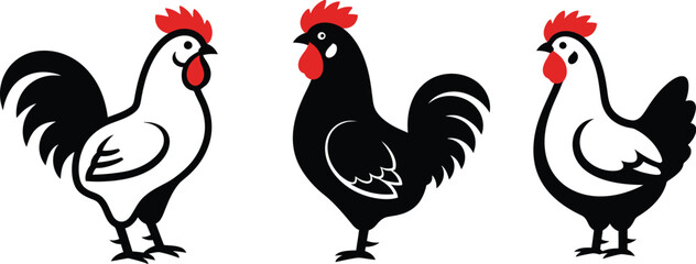 Stylized Roosters and Hen Illustration – Farm Poultry Graphic Set

