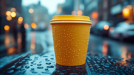 Naklejka premium Yellow coffee cup surrounded by rain on urban street 
