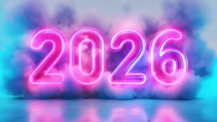 Bright neon 2026 announcement with colorful smoke display in a vibrant setting