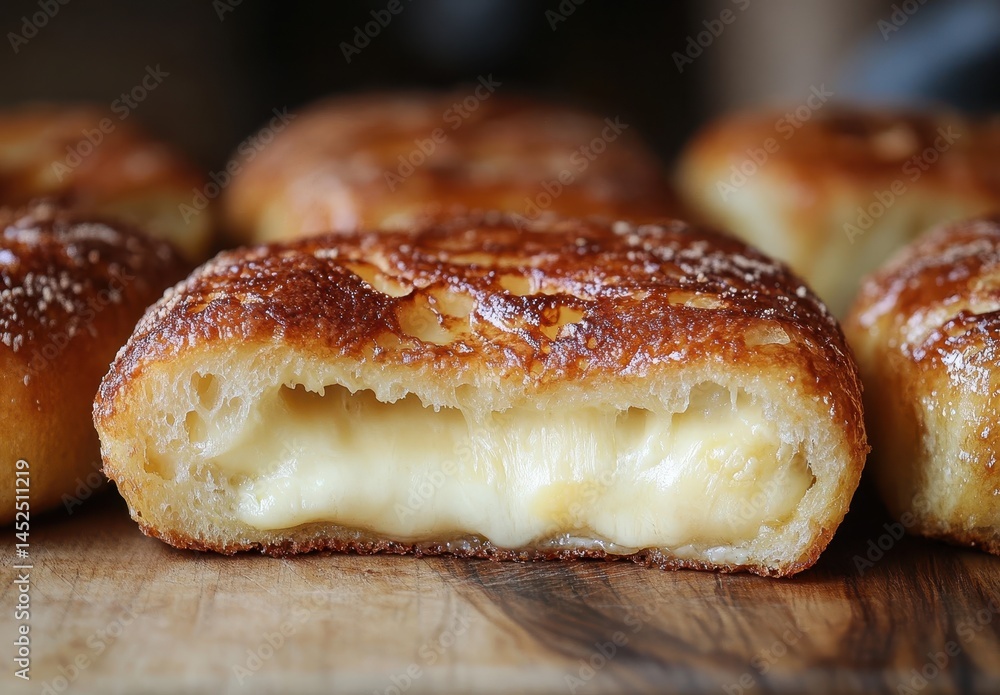 Poster golden brown bread roll with cheesy filling, close-up view showcasing soft texture and appetizing ap