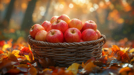 Fresh apples in a basket surrounded by autumn leaves  