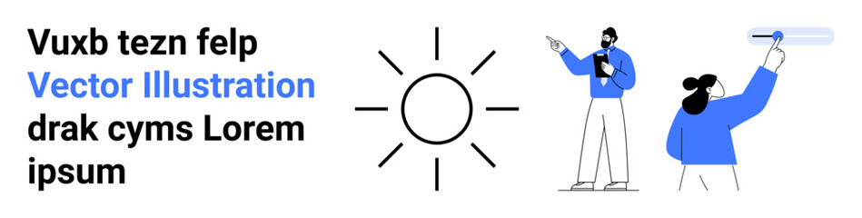 Abstract sun design paired with two characters engaging in analysis and practical tasks. Ideal for teamwork, brainstorming, creative solutions, project planning, collaboration, modern design, simple