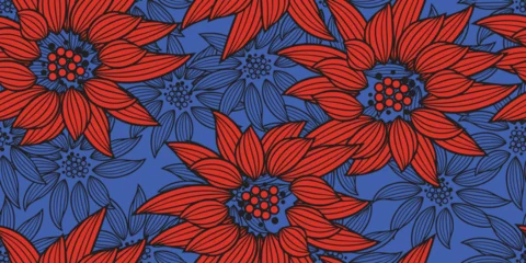 Gardinen Blumenmuster African Red floral pattern on a blue background. African style chrysanthemum or daisy pattern. Beautiful floral motif in colorful, sameless fabric african.Hand drawn floral lines.  © Choltita
