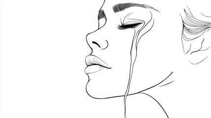 Minimalist line art of a personâ€™s face with tears flowing down, white background
