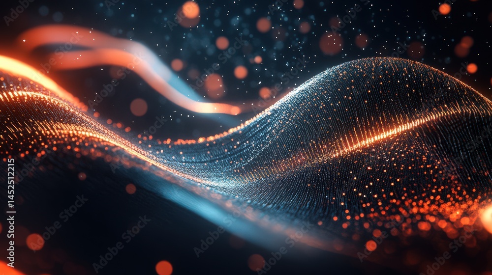 Poster abstract waves of light and particles flowing in a dark space, creating a vibrant visual effect