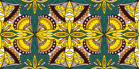 seamless floral abstract fabric. Seamless pattern in tribal, African wax print kitenge floral motifs vector.	
African ethnic geometric floral green and yellow pattern. hand drown Holland wax print.