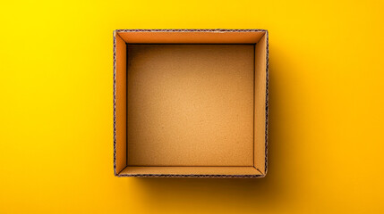 Empty cardboard box on bright yellow background  