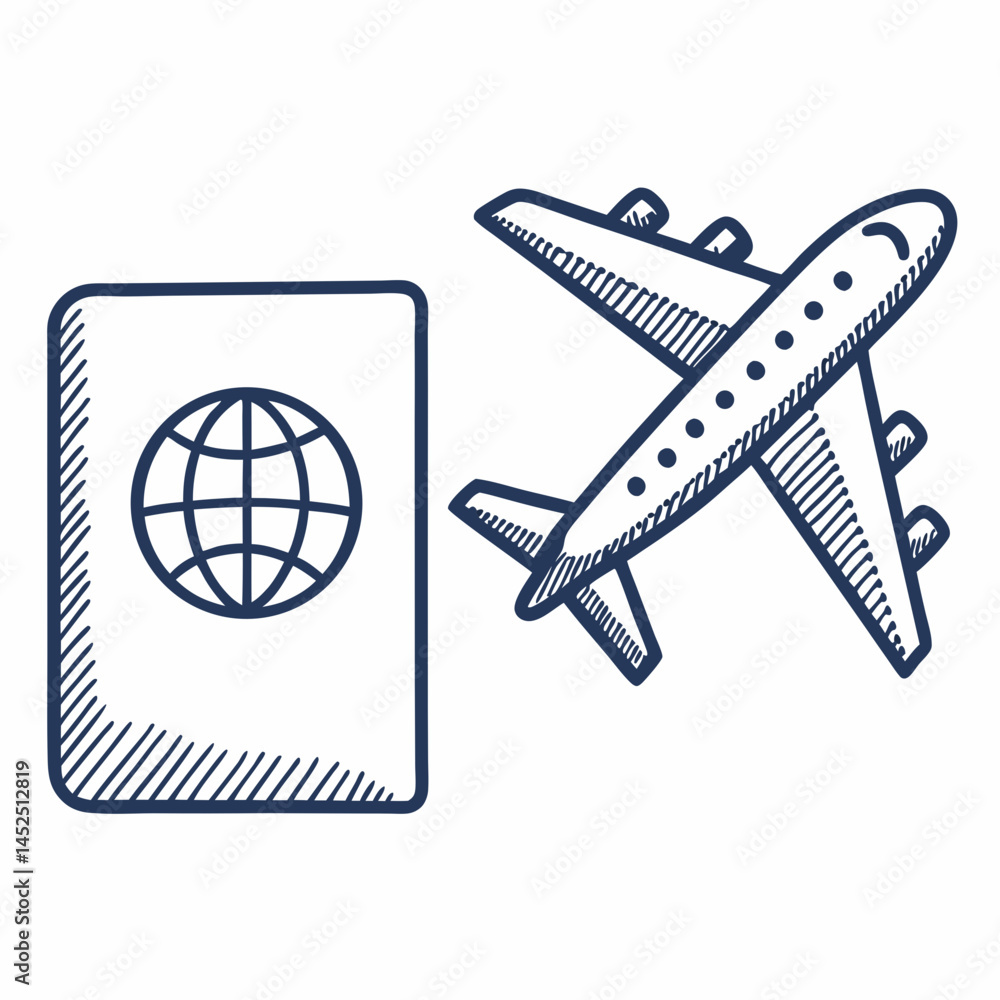 Poster design a bold vector illustration of a passport and airplane, emphasizing strong outlines and impact