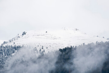 Snowy slope surrounded by fog