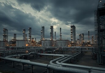 Obraz premium Industrial Refinery at Dusk Under a Cloudy Sky