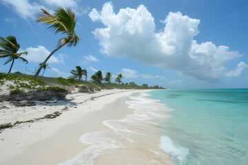 Waves Gently Crashing on Pristine White Sand Beach with Lush Palm Trees Swaying Under a Bright Blue Sky Filled with Fluffy White Clouds; A Tropical Paradise Found, Escaping into Tranquil Nature's Embr